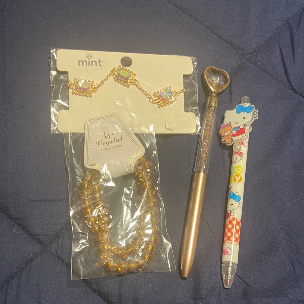 Gold Crystal Bracelet and Cute Pens Set